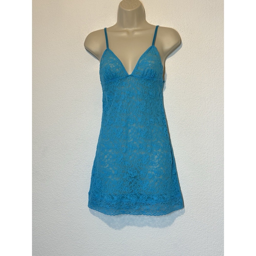 Victoria Secret Mesh Lace Chemise Slip Dress Blue Aqua Size Medium Sheer Empire